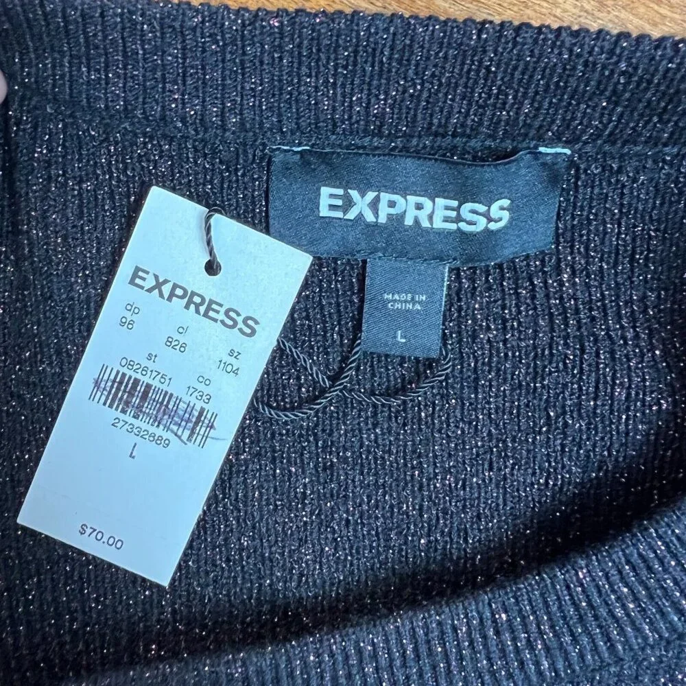 Express Sweater‎ Womens Large Black Pink Metallic Ribbed Knit Balloon Sleeve NEW